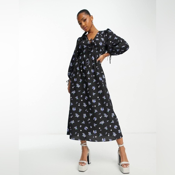 Nobody's Child Margot tie sleeve midi dress in ditsy blue floral size 8 - Picture 1 of 8